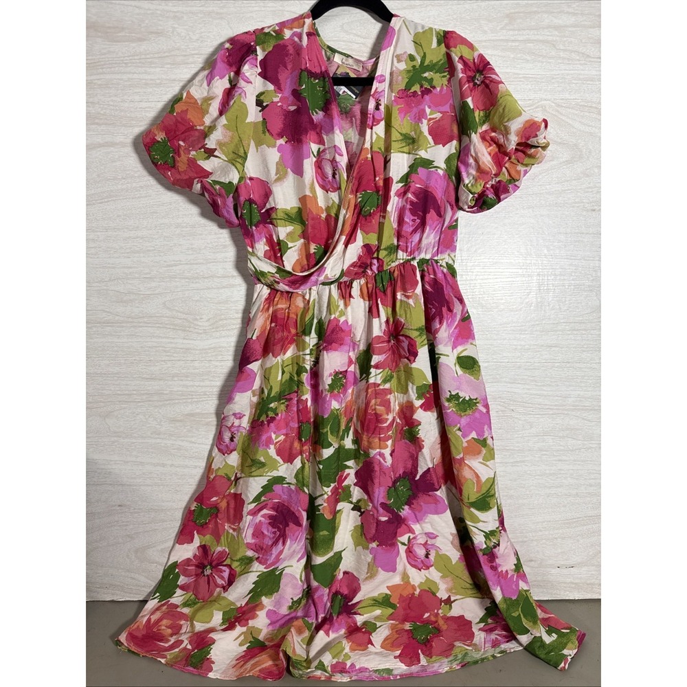 Les Amis chiffon watercolor floral V-neck flutter sleeve dress Sz Large